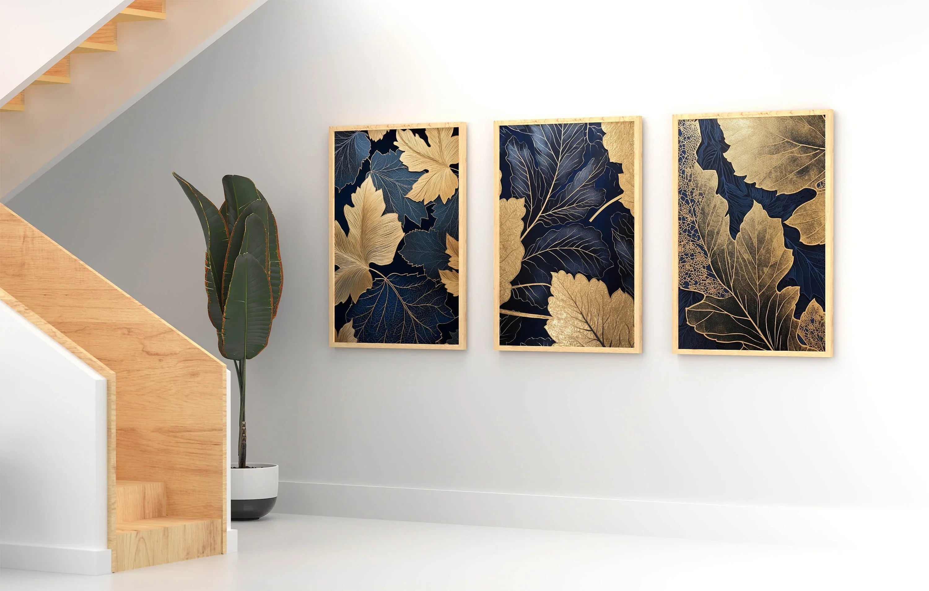 Navy blue and gold botanical leaf wall art set of 3 in elegant wooden frame