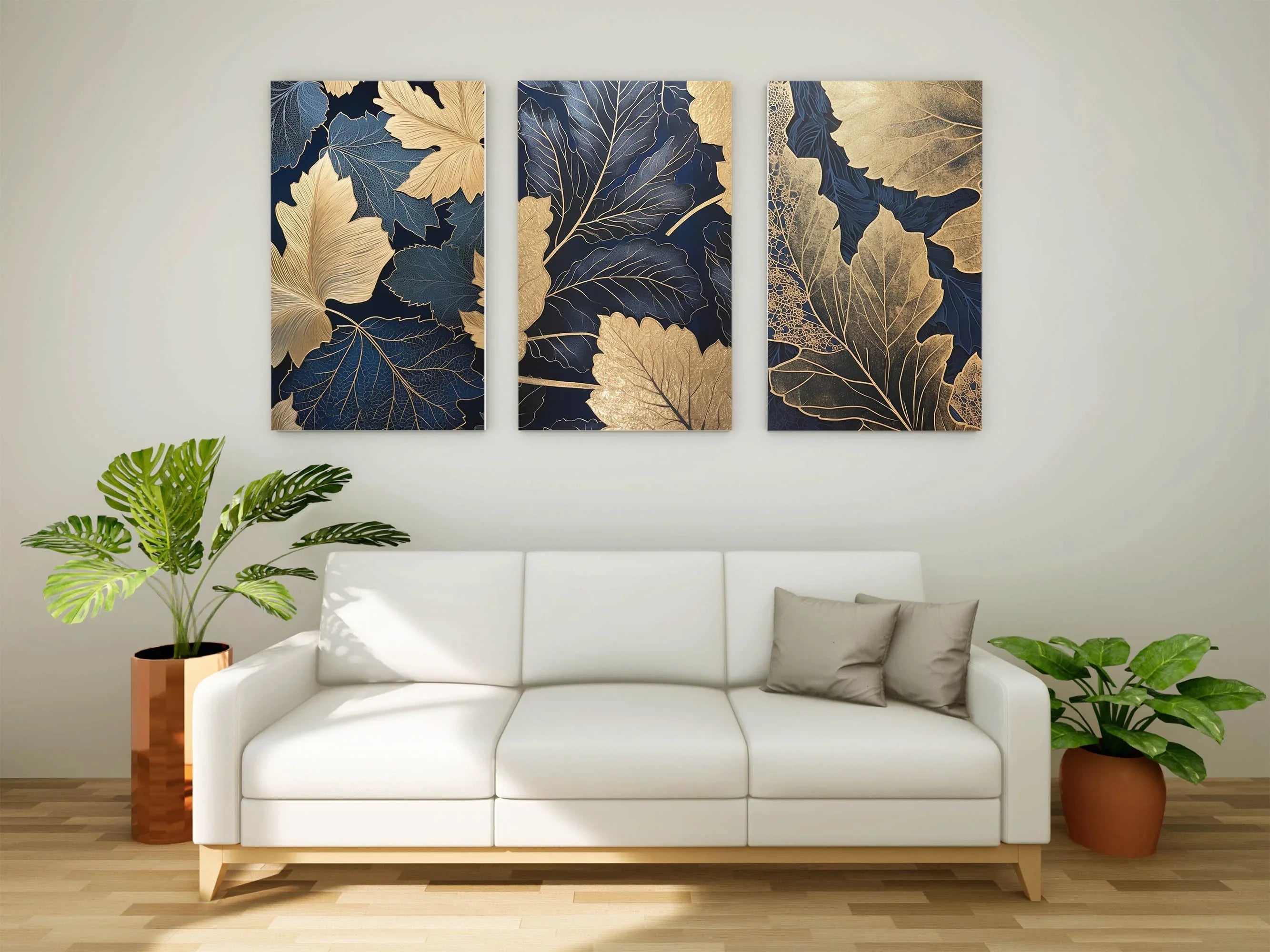 Navy blue and gold botanical leaf wall art set of 3 in elegant wooden frame