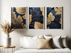 Navy blue and gold botanical leaf wall art set of 3 in elegant wooden frame