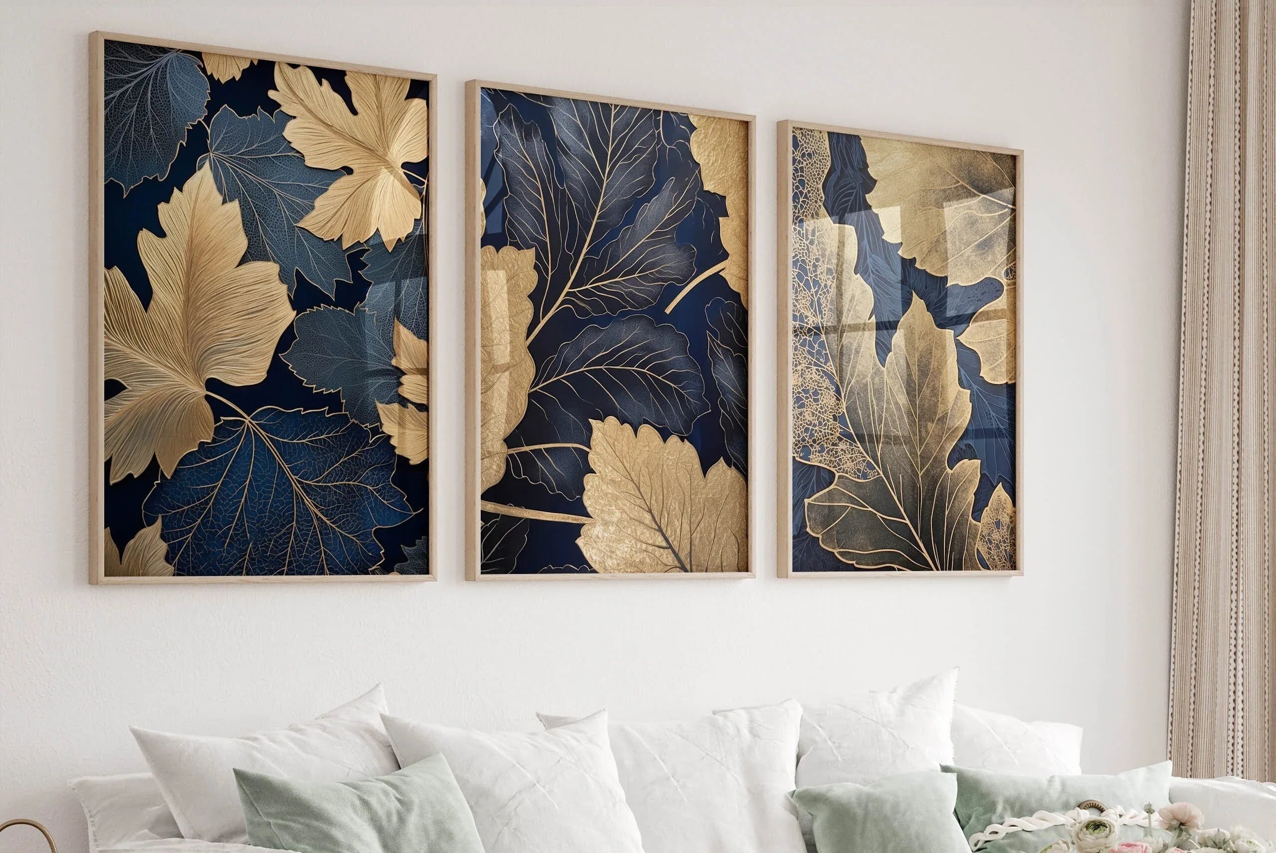 Navy blue and gold botanical leaf wall art set of 3 in elegant wooden frame