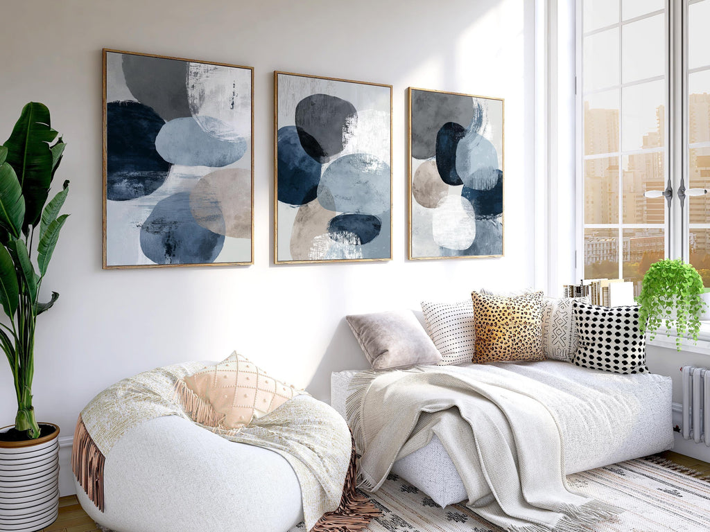 Navy blue and gray geometric abstract wall art set of 3 with textured brushwork design