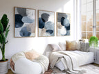 Navy blue and gray geometric abstract wall art set of 3 with textured brushwork design