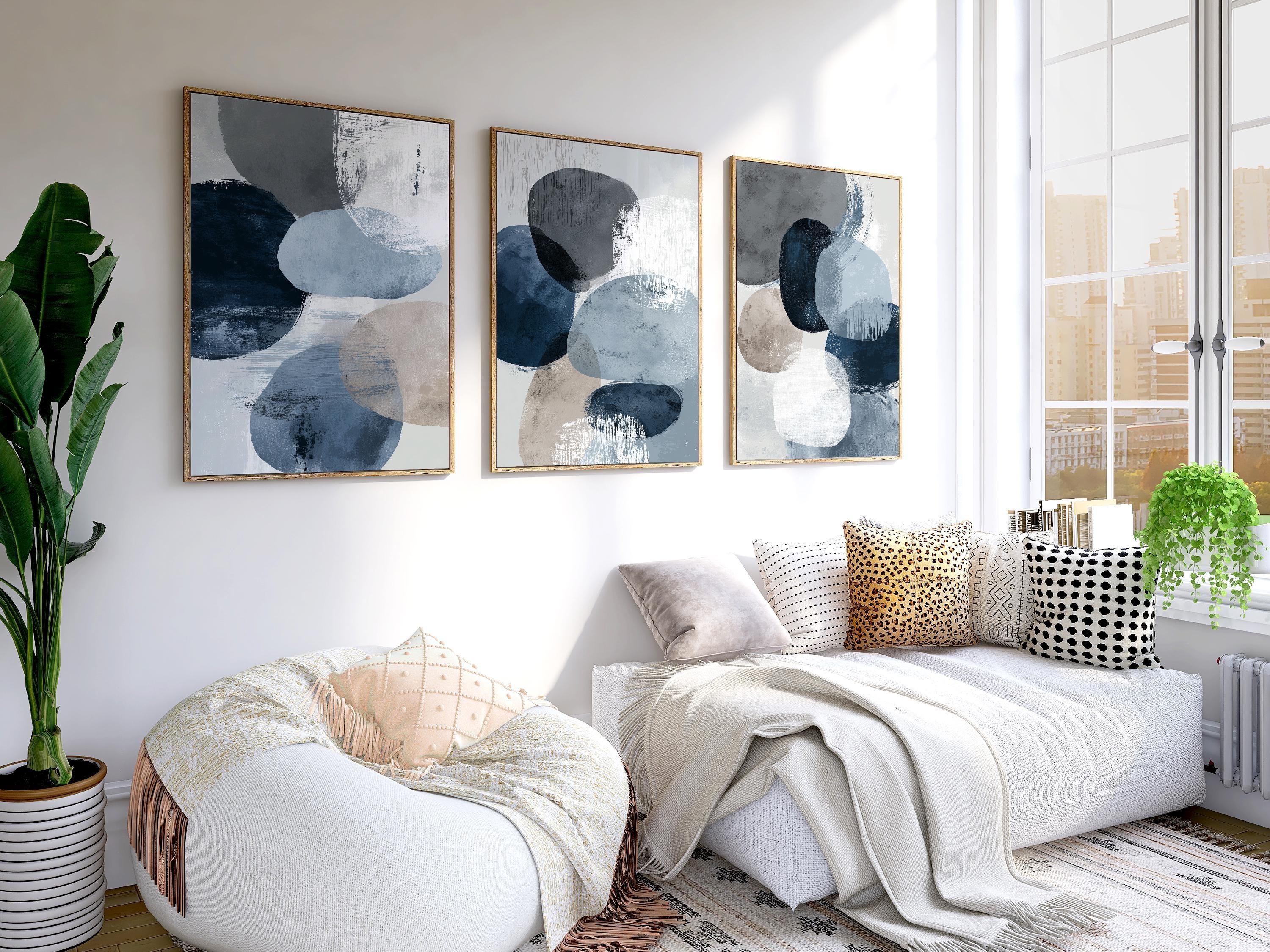 Navy blue and gray geometric abstract wall art set of 3 with textured brushwork design