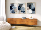 Navy blue and gray geometric abstract wall art set of 3 with textured brushwork design