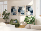 Navy blue and gray geometric abstract wall art set of 3 with textured brushwork design