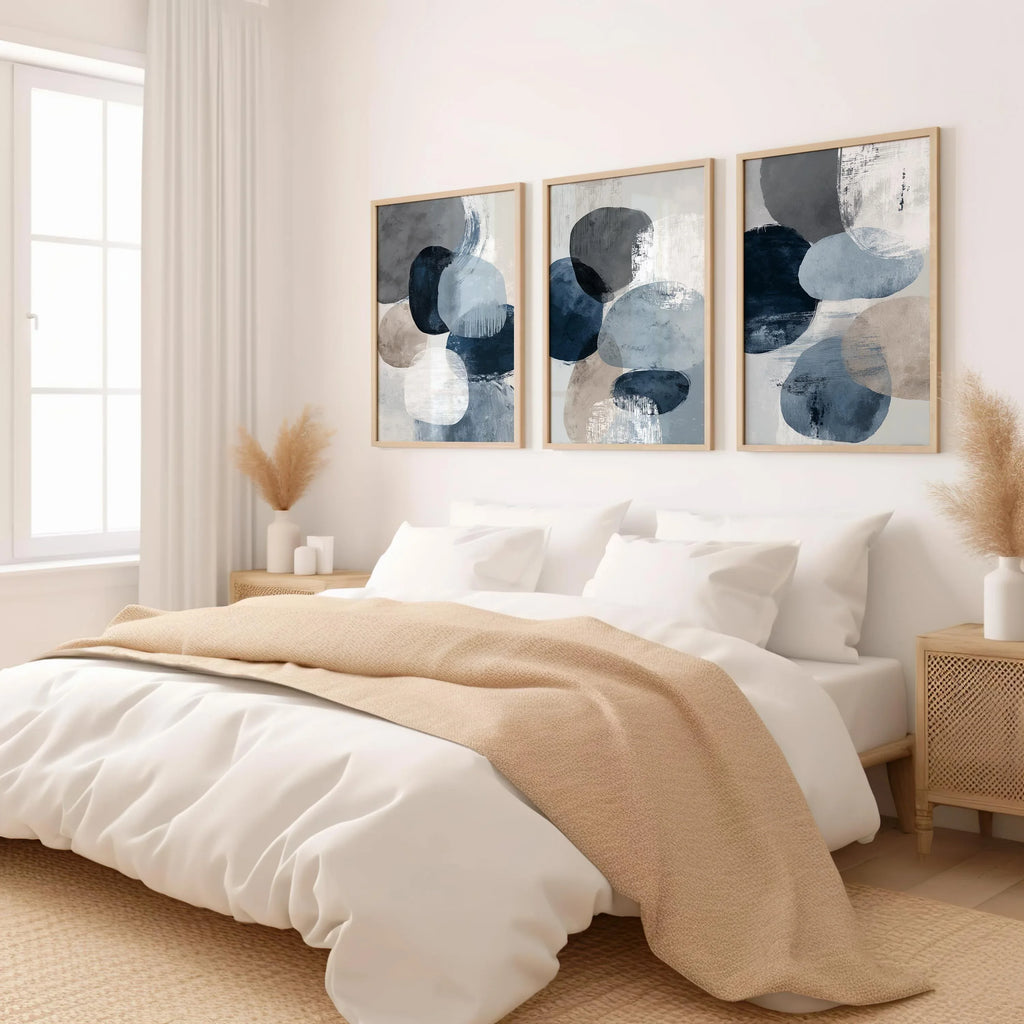 Navy blue and gray geometric abstract wall art set of 3 with textured brushwork design