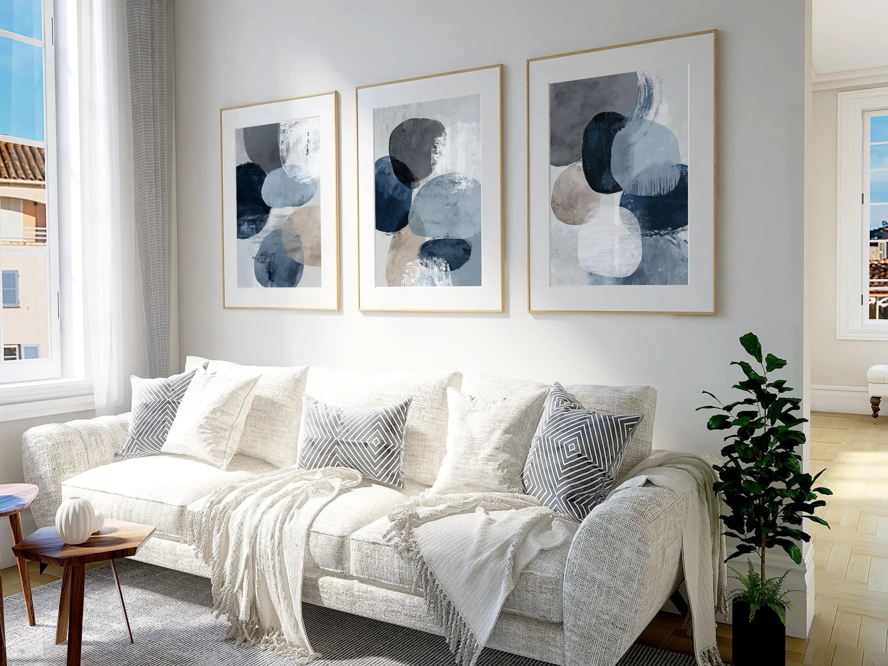 Navy blue and gray geometric abstract wall art set of 3 with textured brushwork design