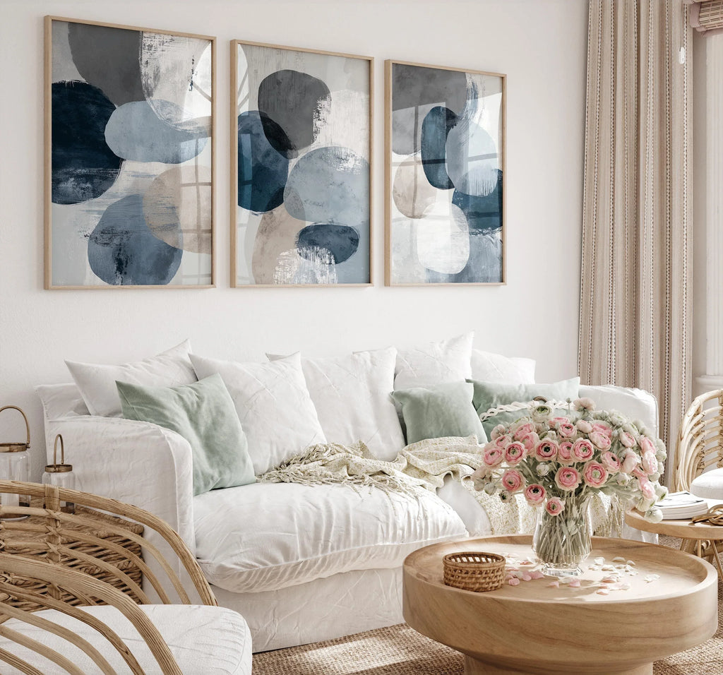 Navy blue and gray geometric abstract wall art set of 3 with textured brushwork design