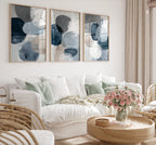 Navy blue and gray geometric abstract wall art set of 3 with textured brushwork design