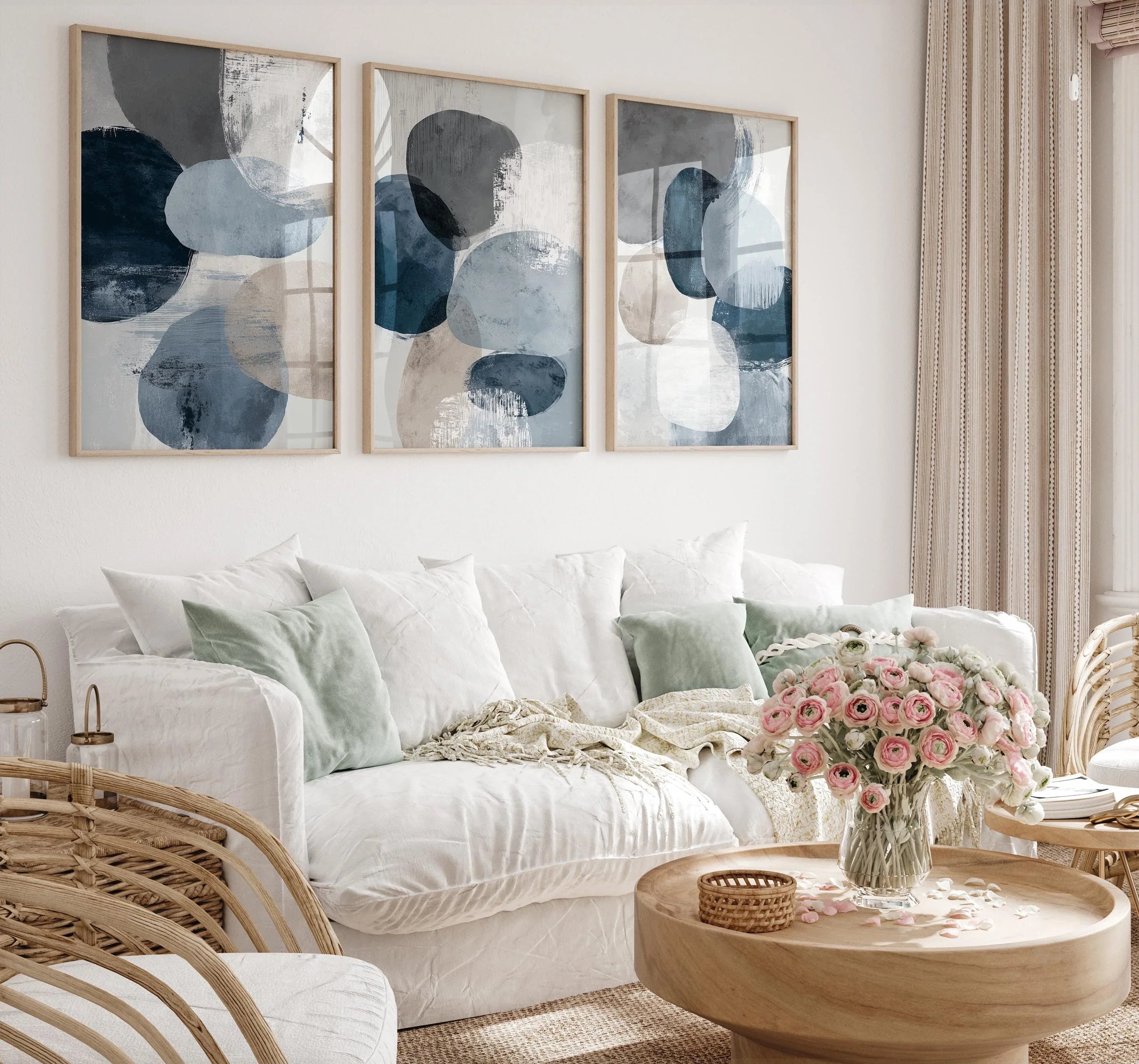 Navy blue and gray geometric abstract wall art set of 3 with textured brushwork design