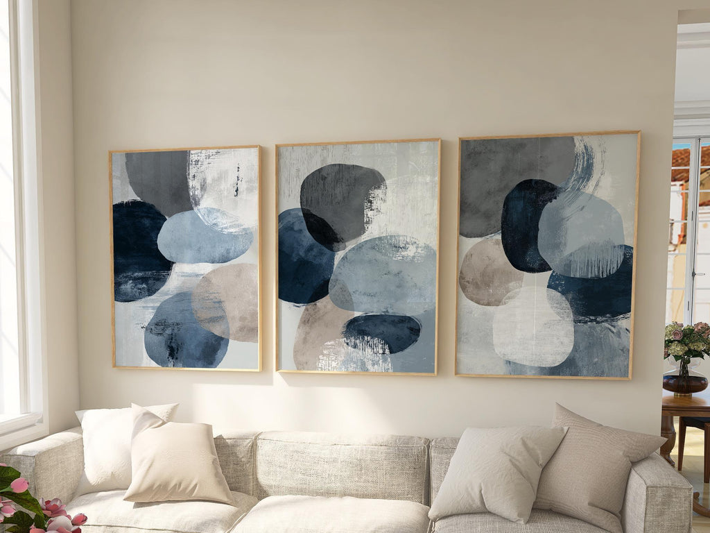 Navy blue and gray geometric abstract wall art set of 3 with textured brushwork design