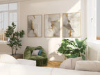 Neutral abstract gold and grey marble wall art set of 3 displayed in sleek wooden frame