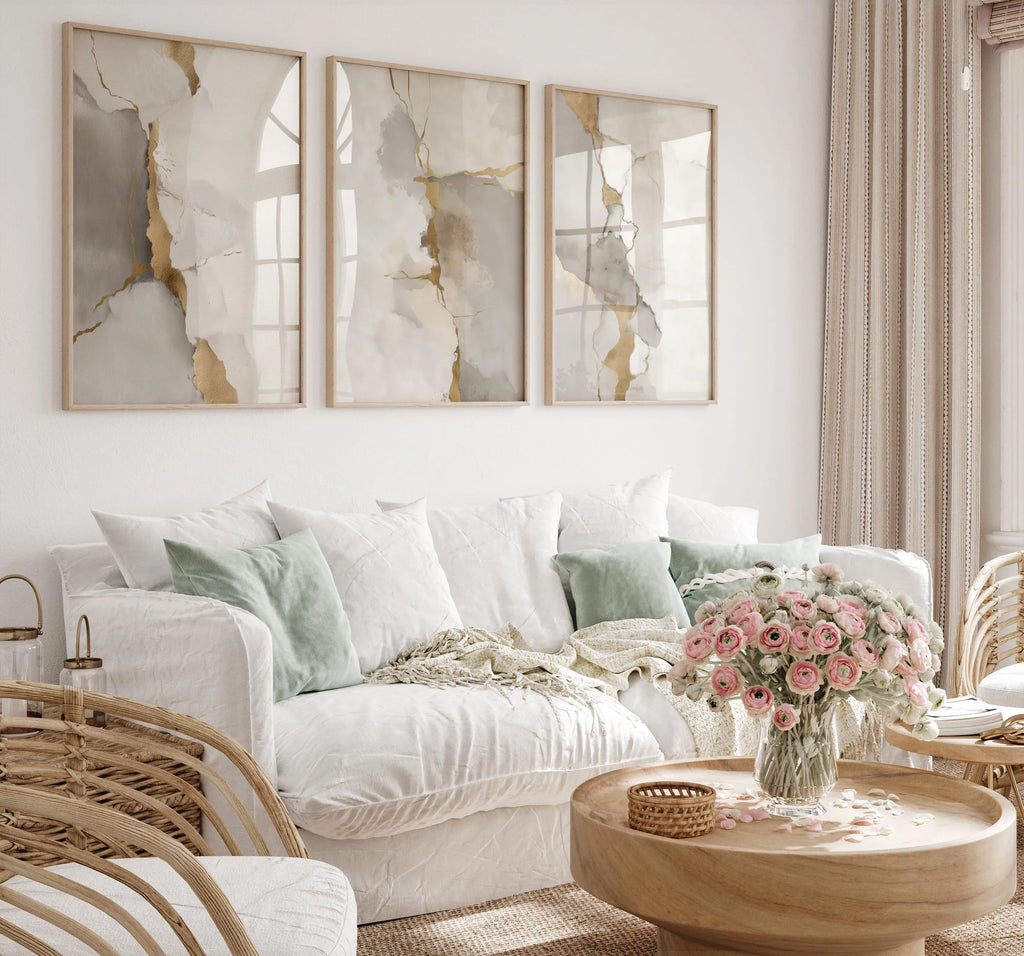 Neutral abstract gold and grey marble wall art set of 3 displayed in sleek wooden frame