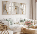 Neutral abstract gold and grey marble wall art set of 3 displayed in sleek wooden frame