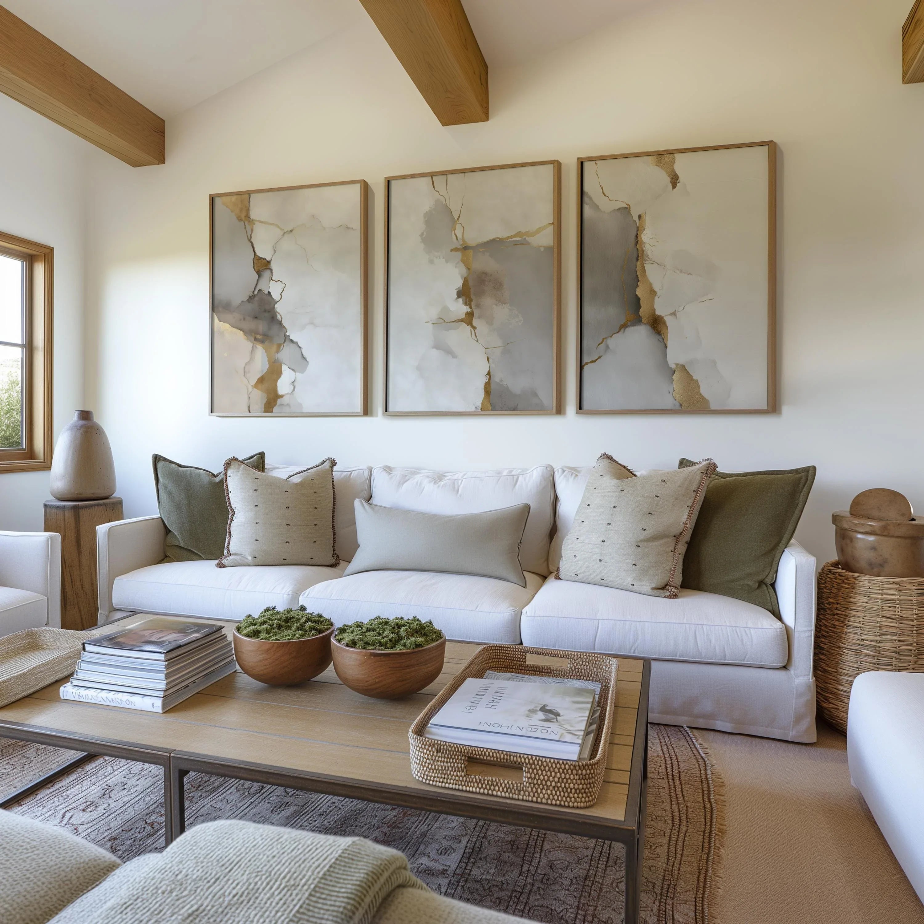 Neutral abstract gold and grey marble wall art set of 3 displayed in sleek wooden frame