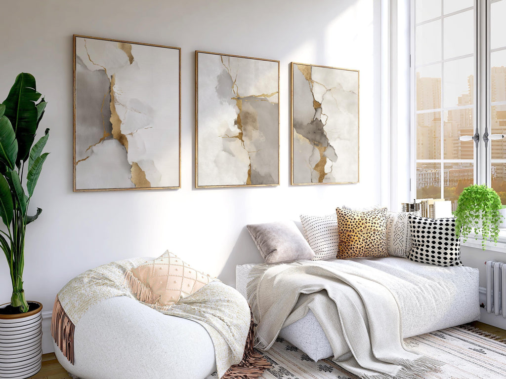 Neutral abstract gold and grey marble wall art set of 3 displayed in sleek wooden frame