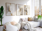Neutral abstract gold and grey marble wall art set of 3 displayed in sleek wooden frame