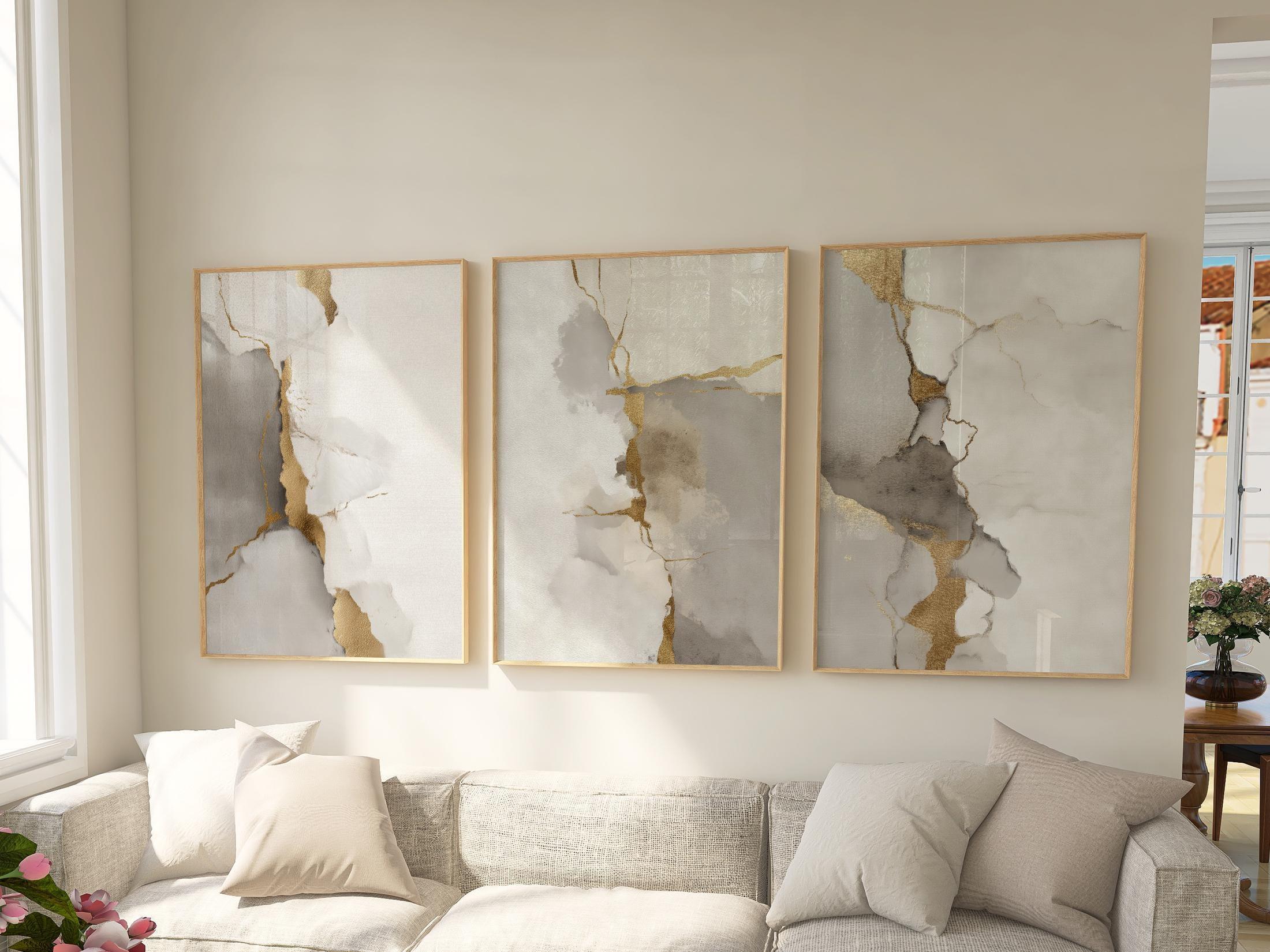 Neutral abstract gold and grey marble wall art set of 3 displayed in sleek wooden frame