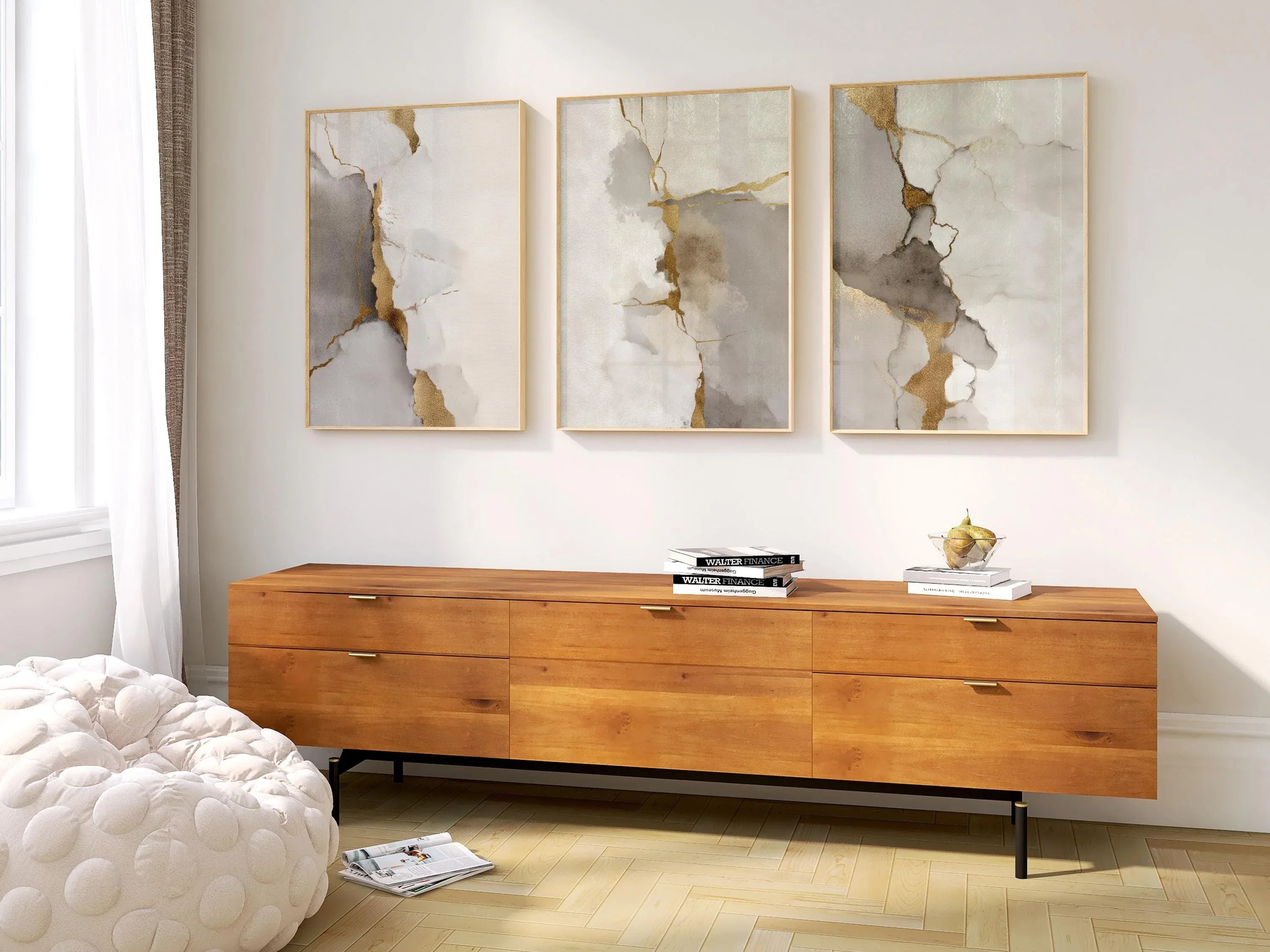 Neutral abstract gold and grey marble wall art set of 3 displayed in sleek wooden frame