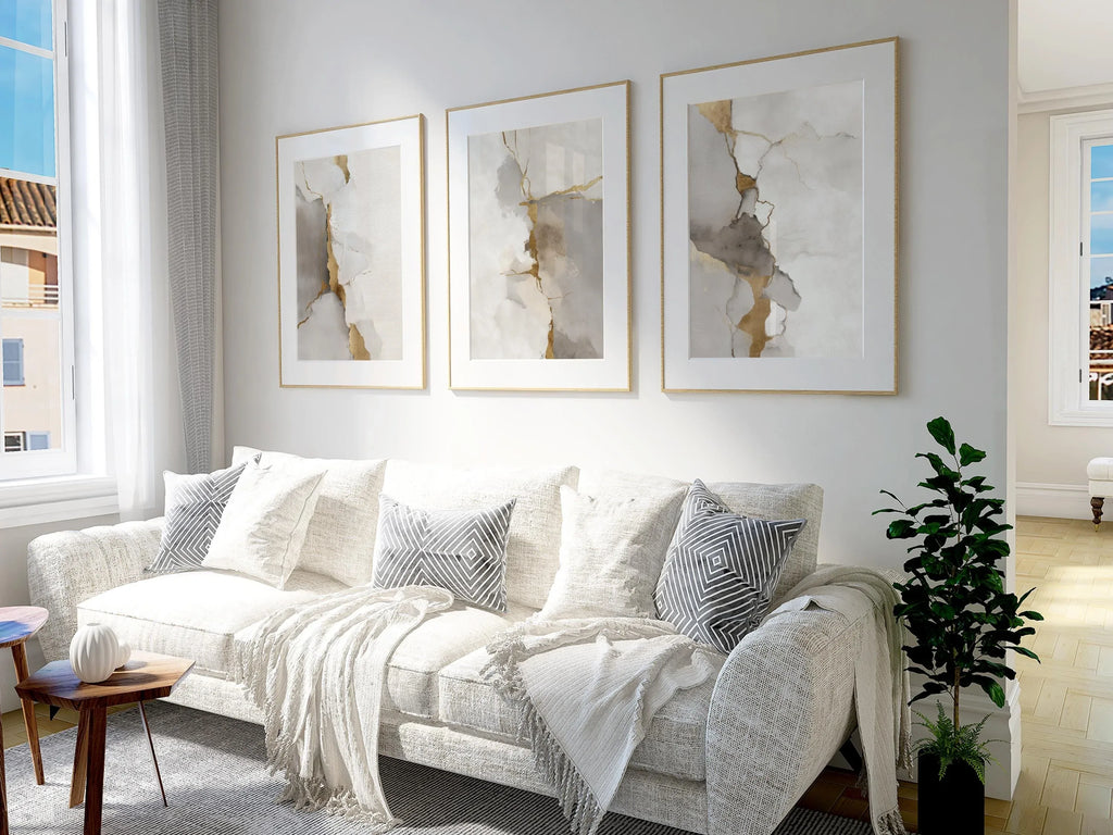 Neutral abstract gold and grey marble wall art set of 3 displayed in sleek wooden frame