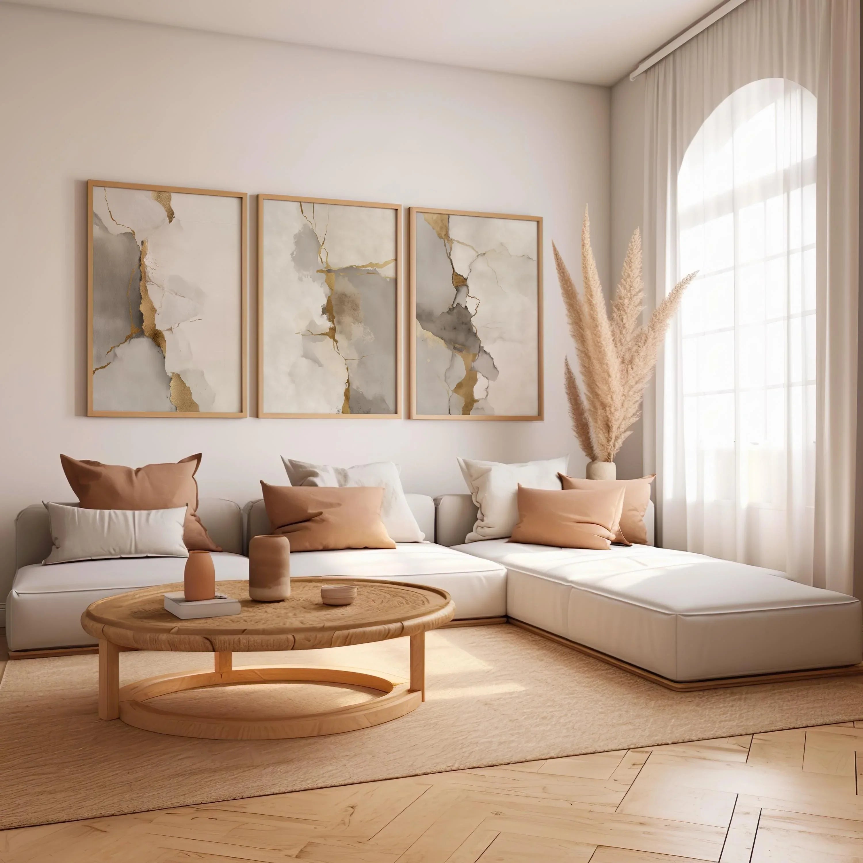 Neutral abstract gold and grey marble wall art set of 3 displayed in sleek wooden frame