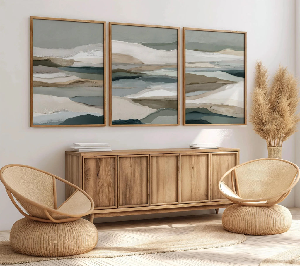 Neutral earth tones abstract landscape wall art set of 3 with layered horizon design