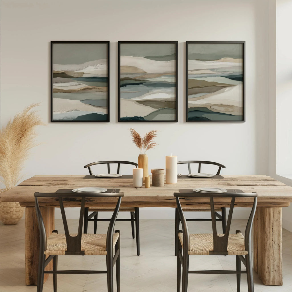 Neutral earth tones abstract landscape wall art set of 3 with layered horizon design