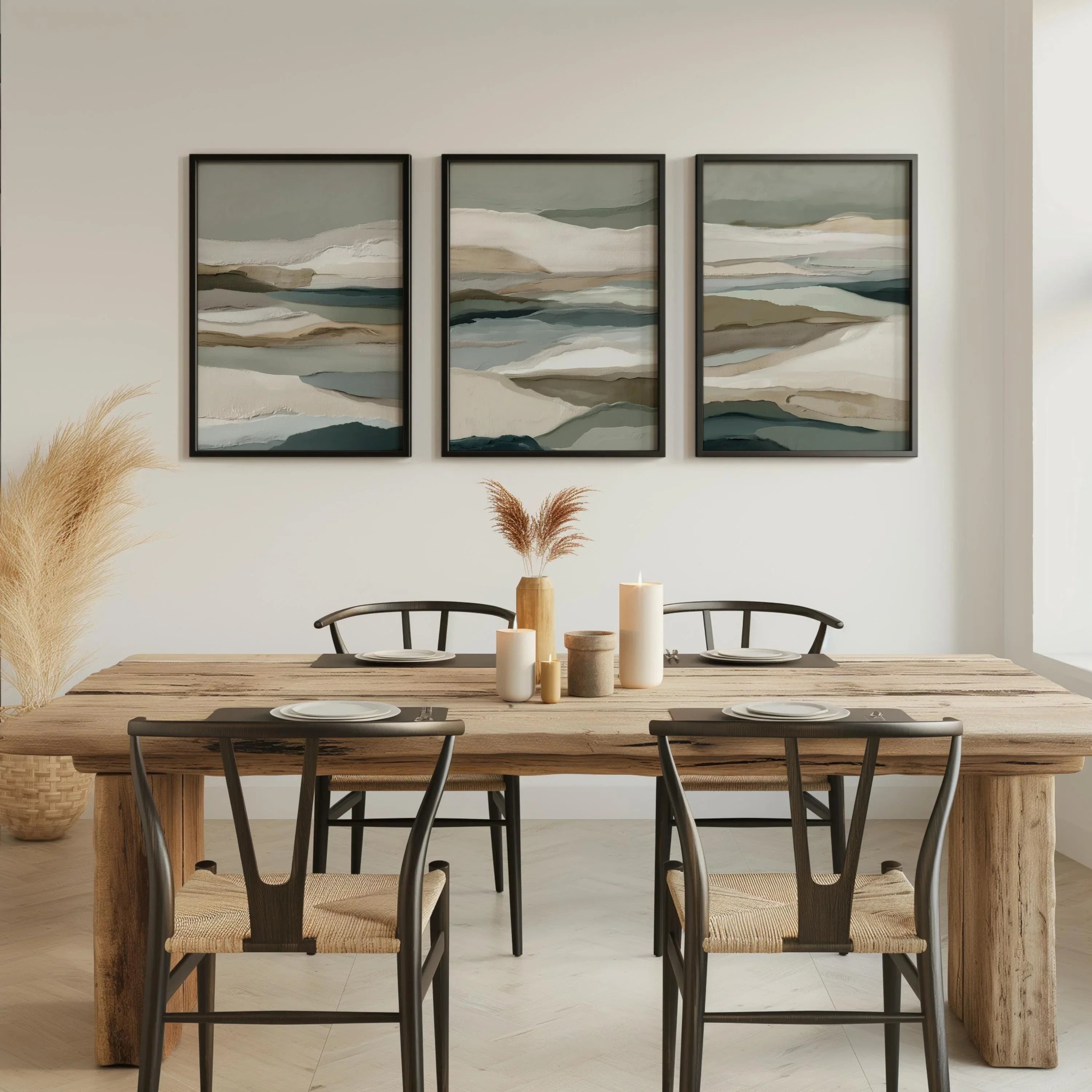 Neutral earth tones abstract landscape wall art set of 3 with layered horizon design