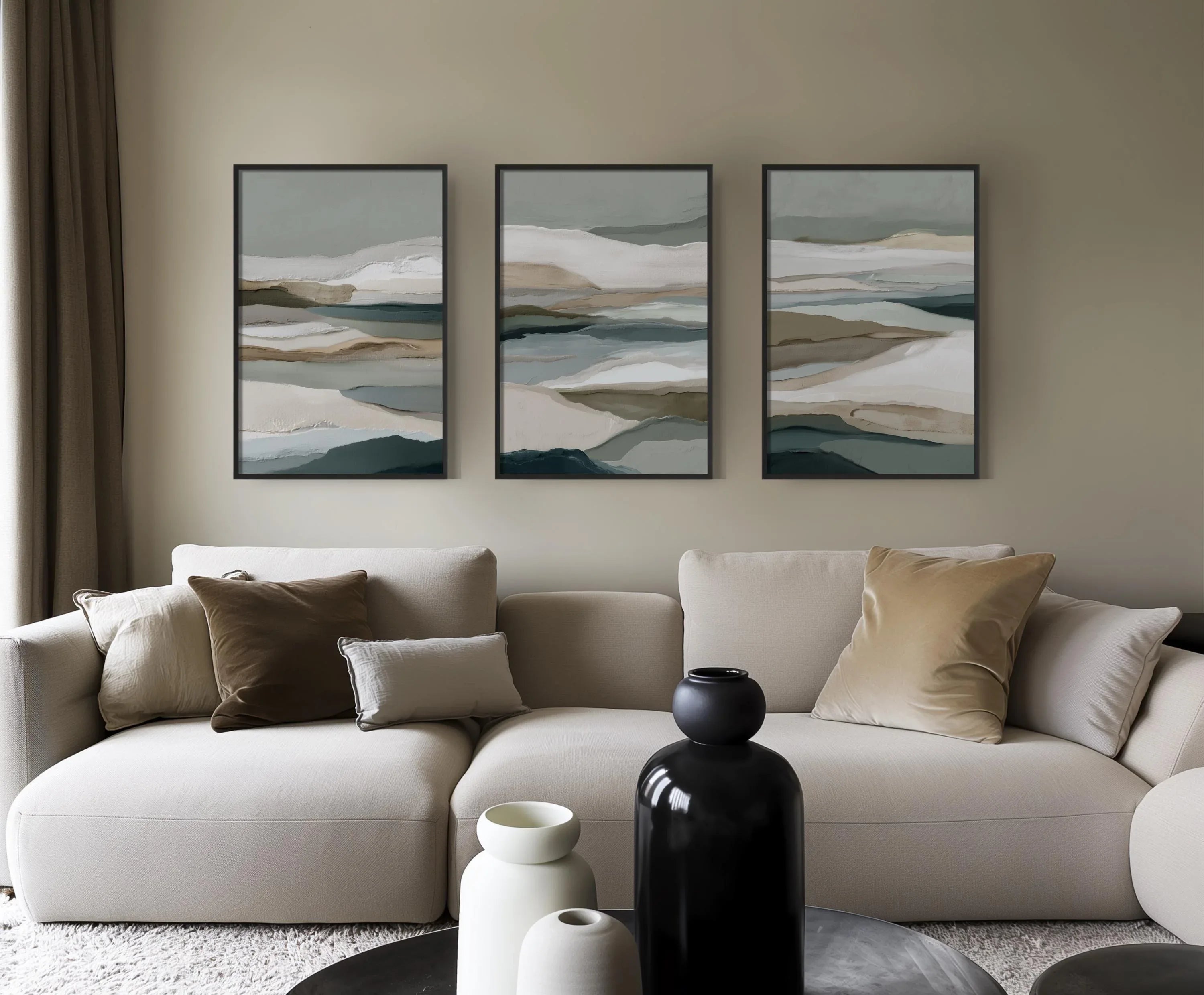 Neutral earth tones abstract landscape wall art set of 3 with layered horizon design