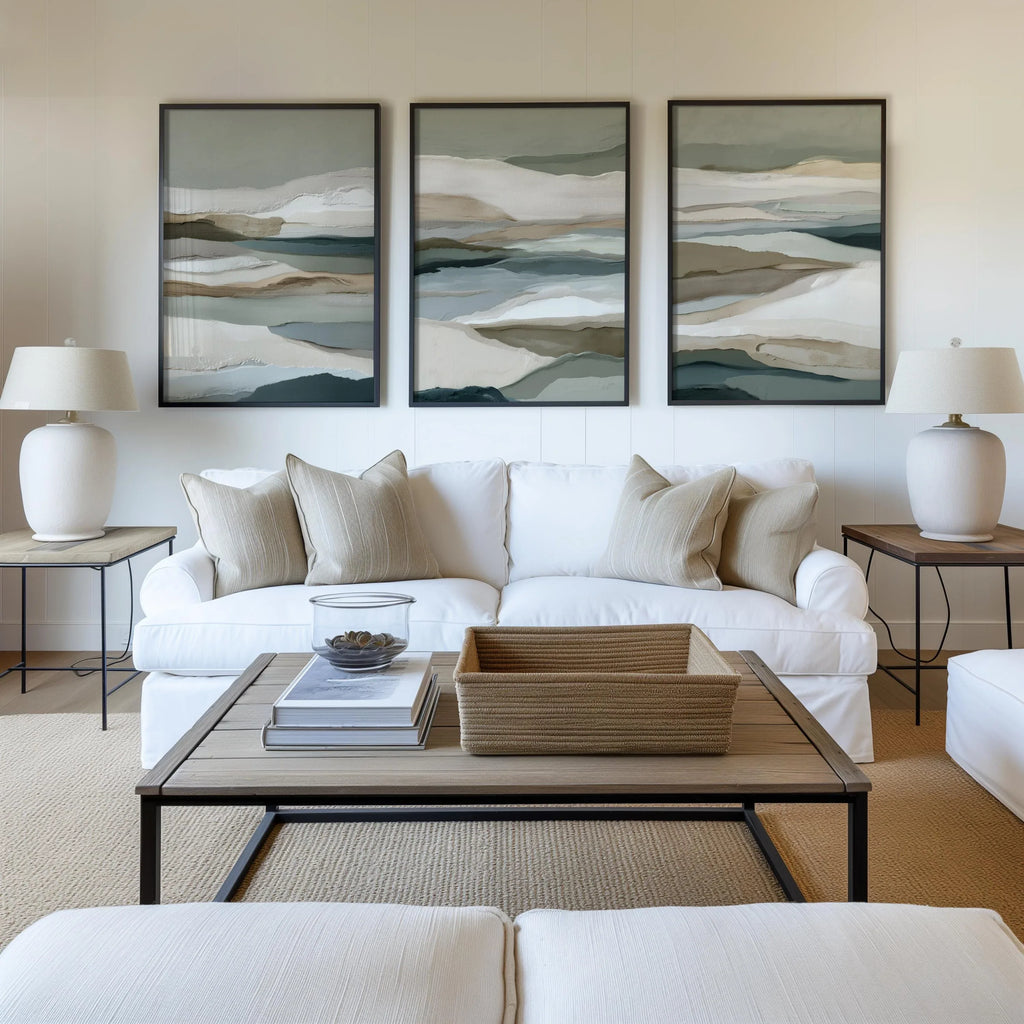 Neutral earth tones abstract landscape wall art set of 3 with layered horizon design