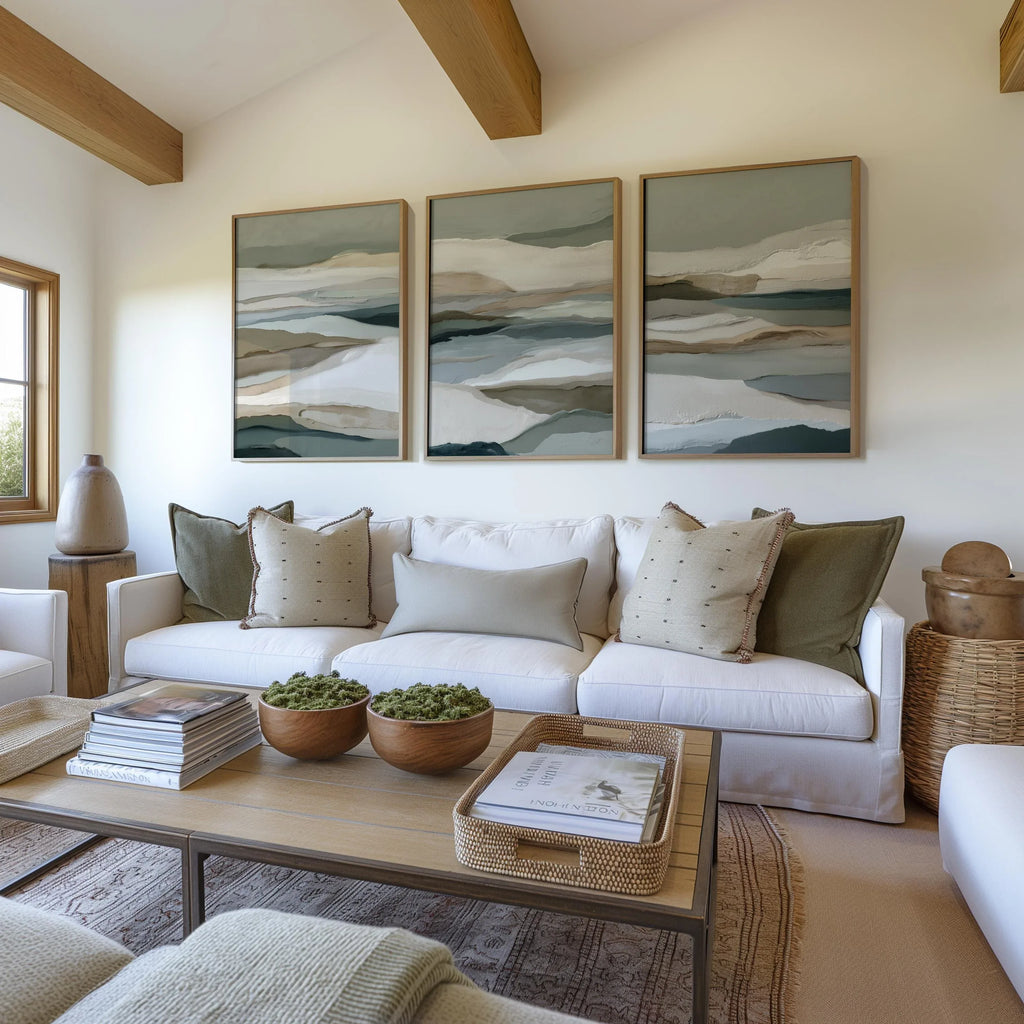 Neutral earth tones abstract landscape wall art set of 3 with layered horizon design