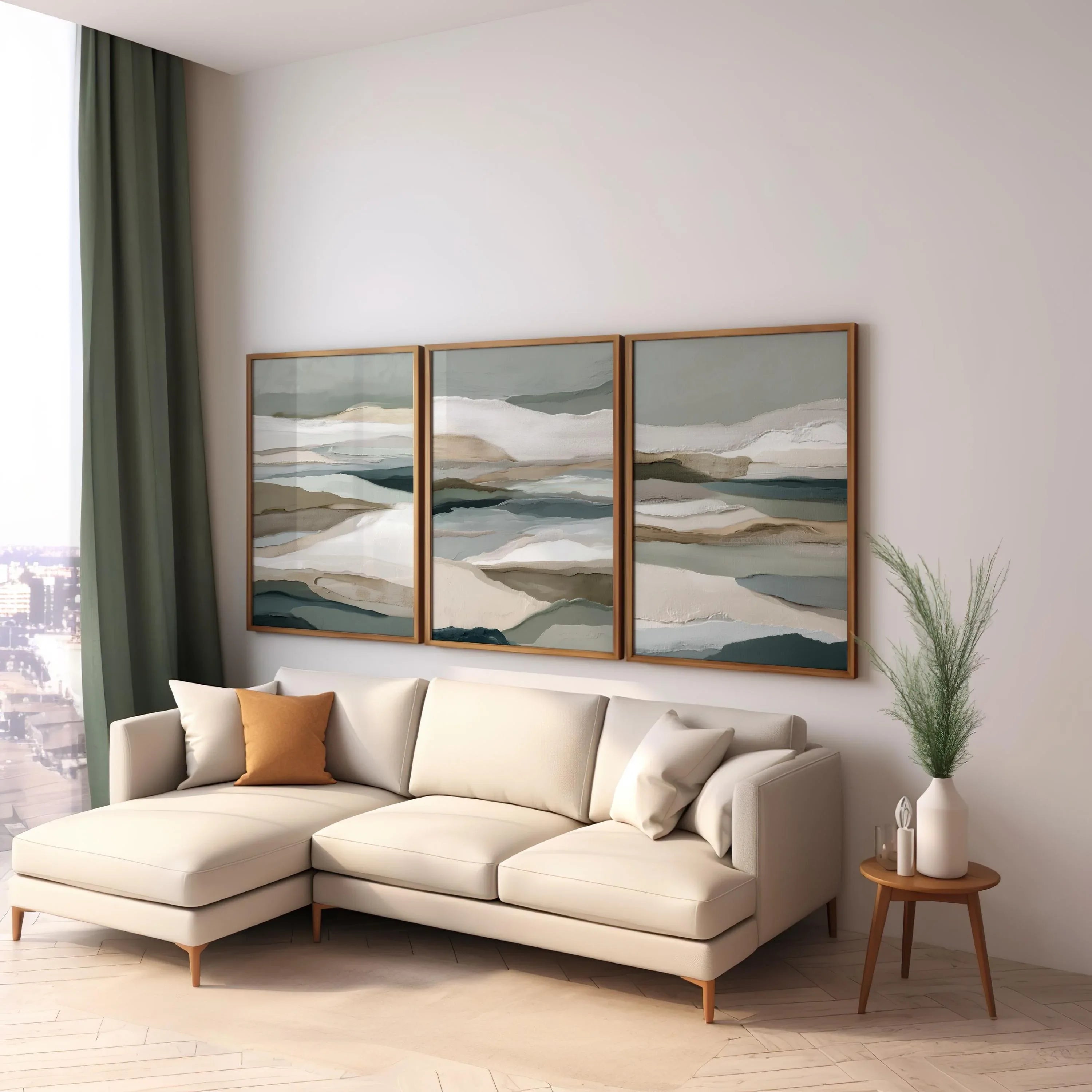 Neutral earth tones abstract landscape wall art set of 3 with layered horizon design