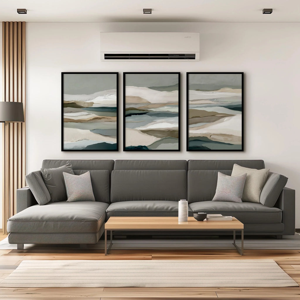 Neutral earth tones abstract landscape wall art set of 3 with layered horizon design