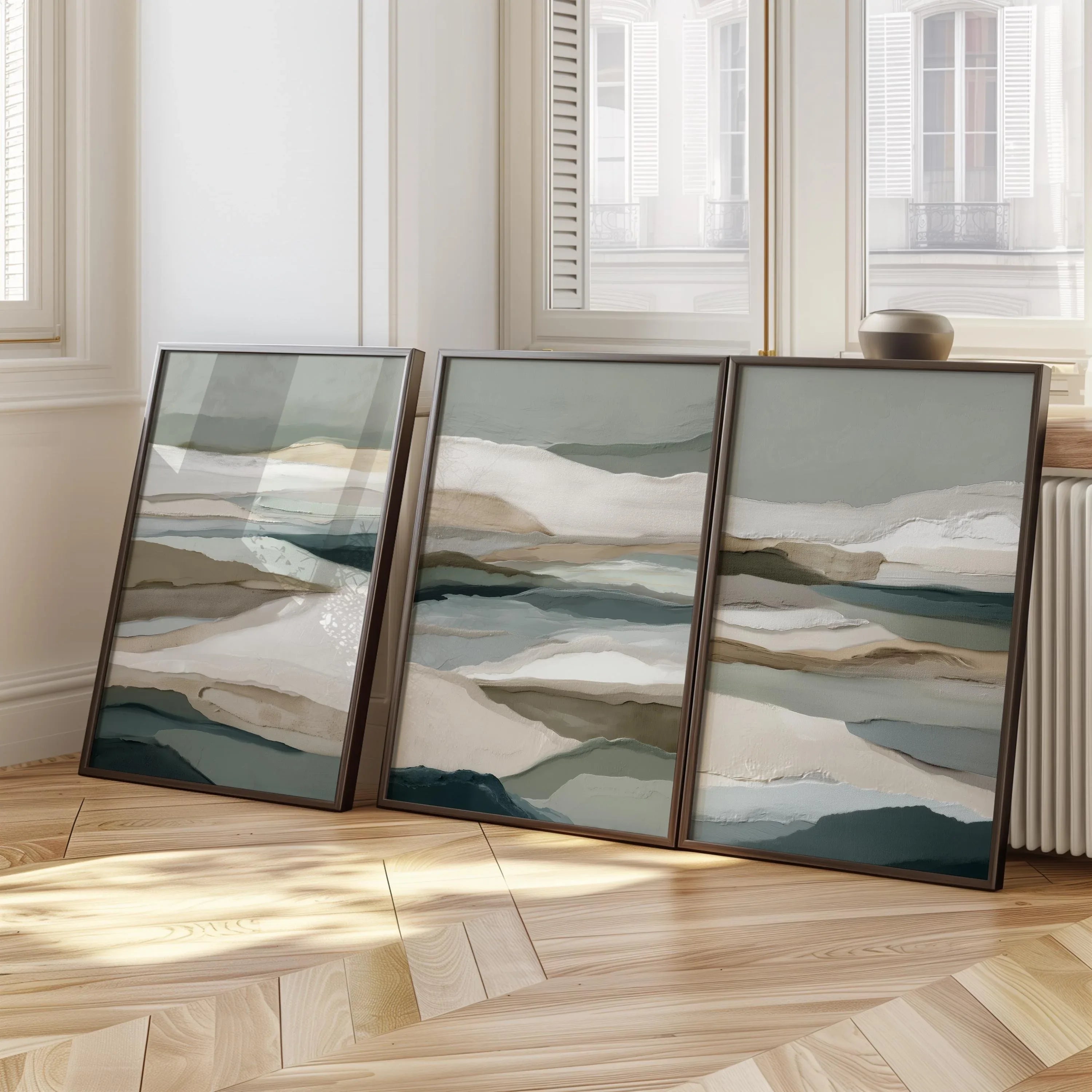 Neutral earth tones abstract landscape wall art set of 3 with layered horizon design