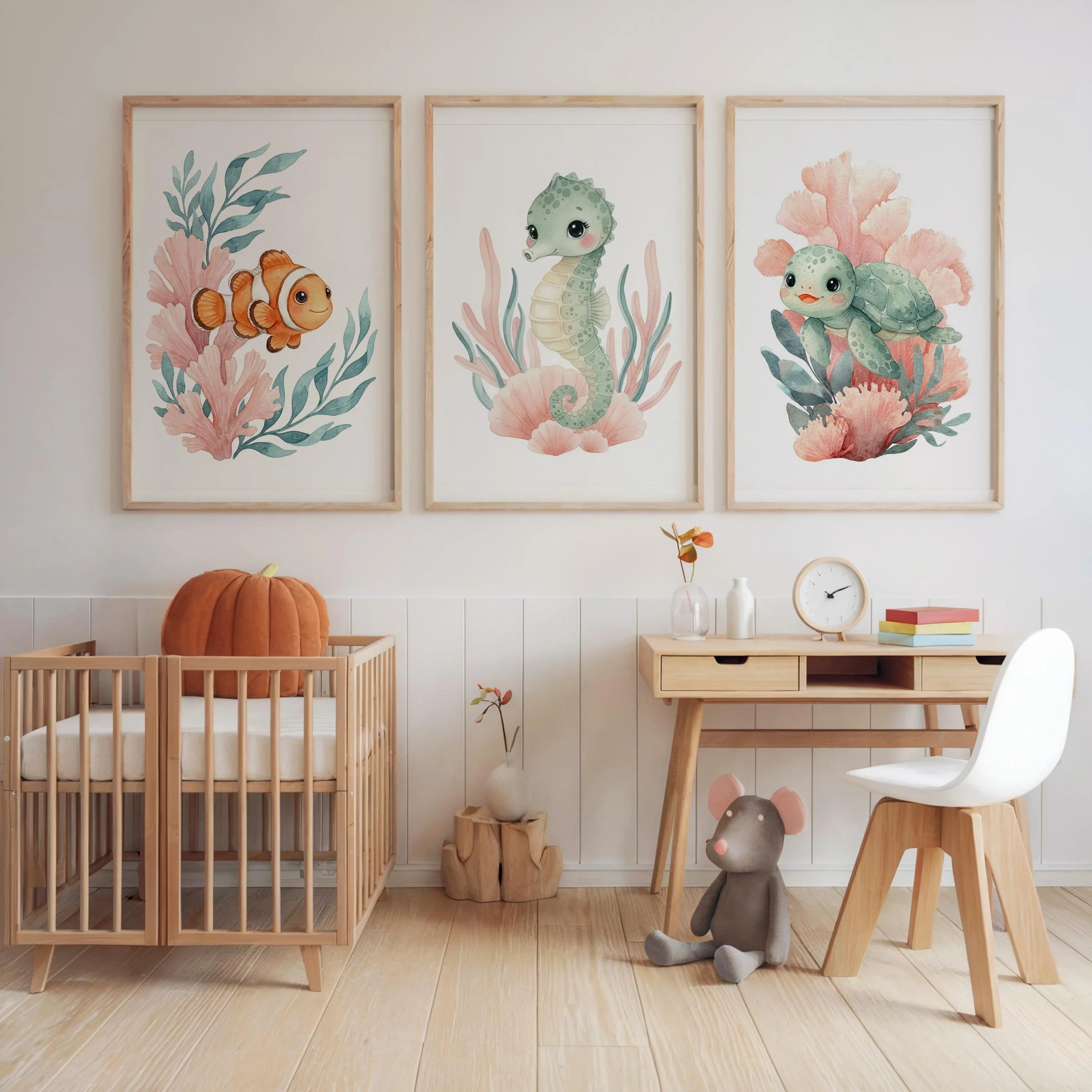 Ocean animals watercolor nursery wall art set of 3 with clownfish seahorse and turtle