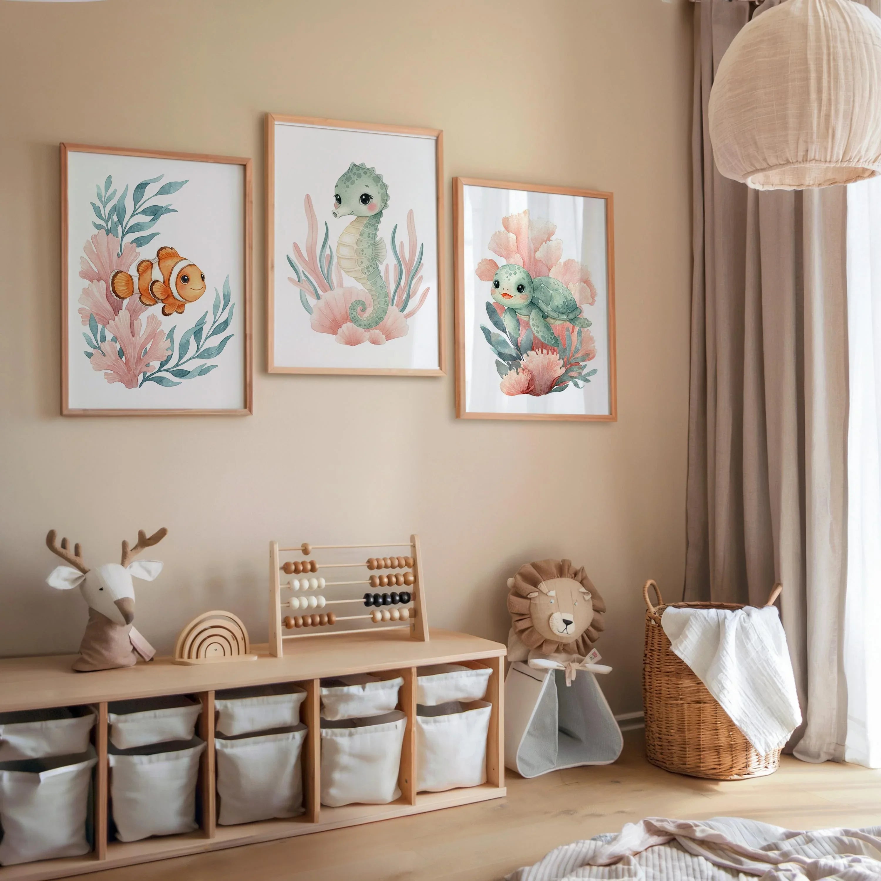 Ocean animals watercolor nursery wall art set of 3 with clownfish seahorse and turtle