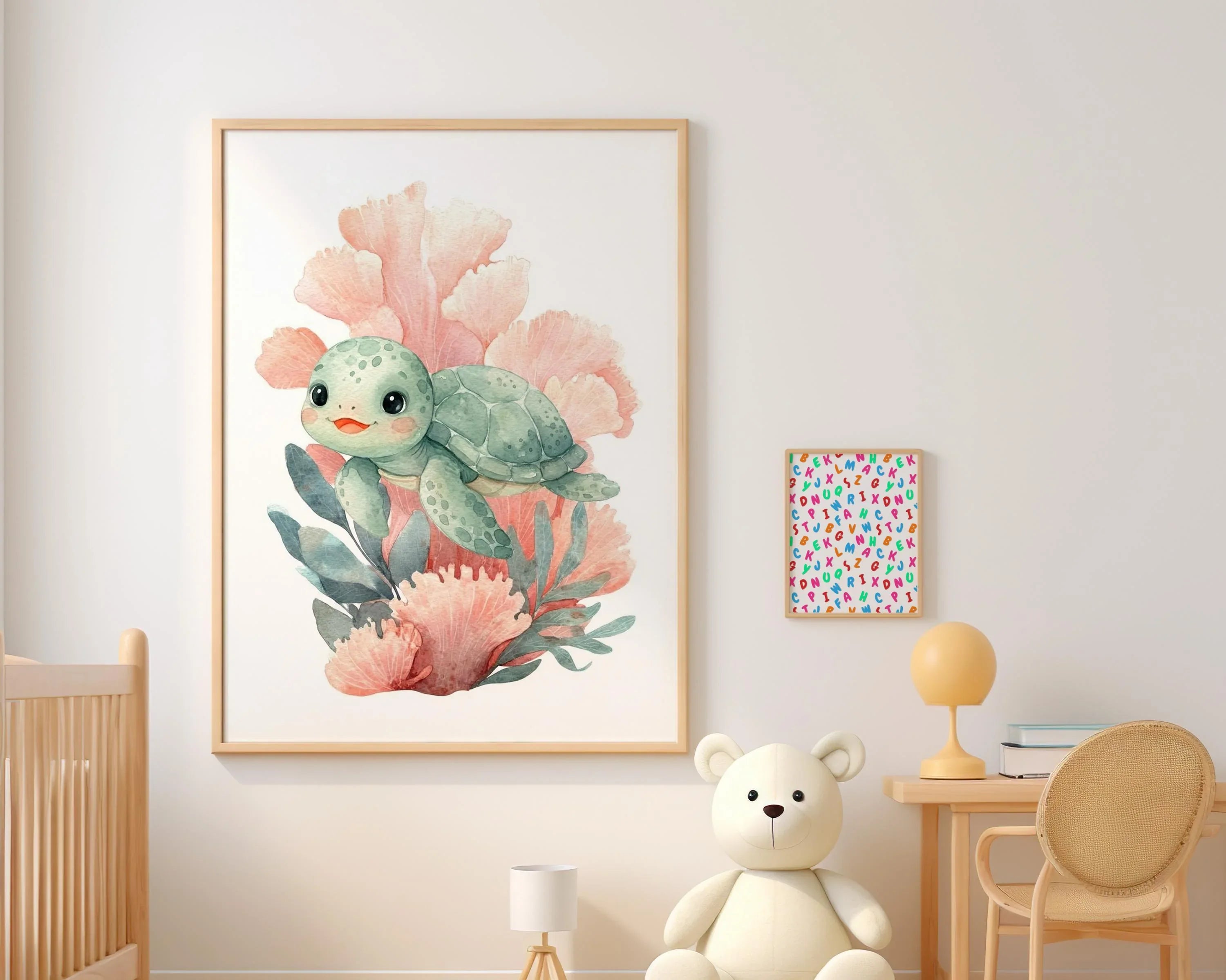 Ocean animals watercolor nursery wall art set of 3 with clownfish seahorse and turtle