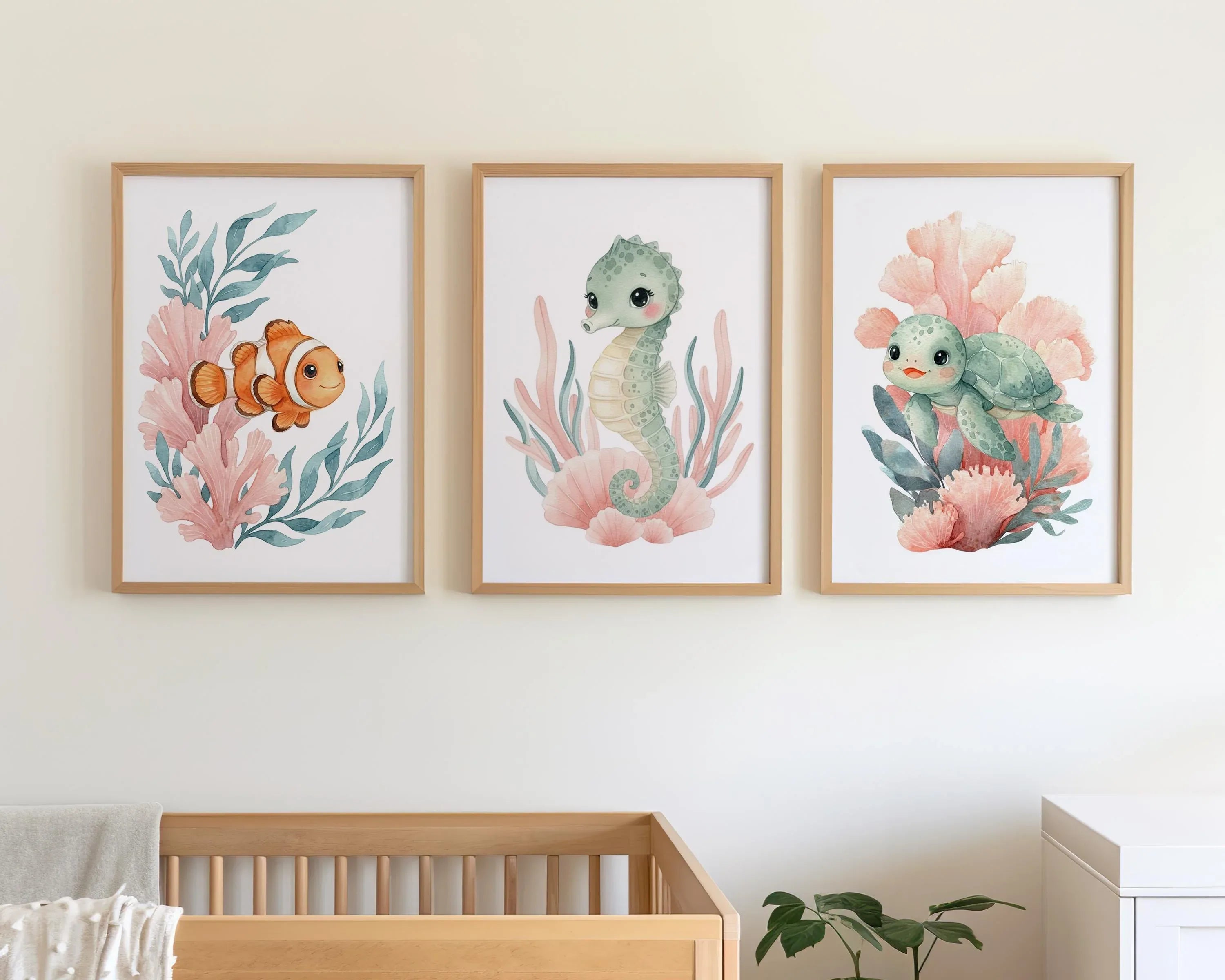 Ocean animals watercolor nursery wall art set of 3 with clownfish seahorse and turtle