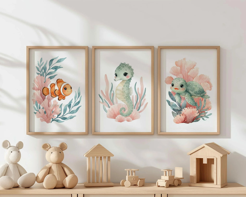 Ocean animals watercolor nursery wall art set of 3 with clownfish seahorse and turtle