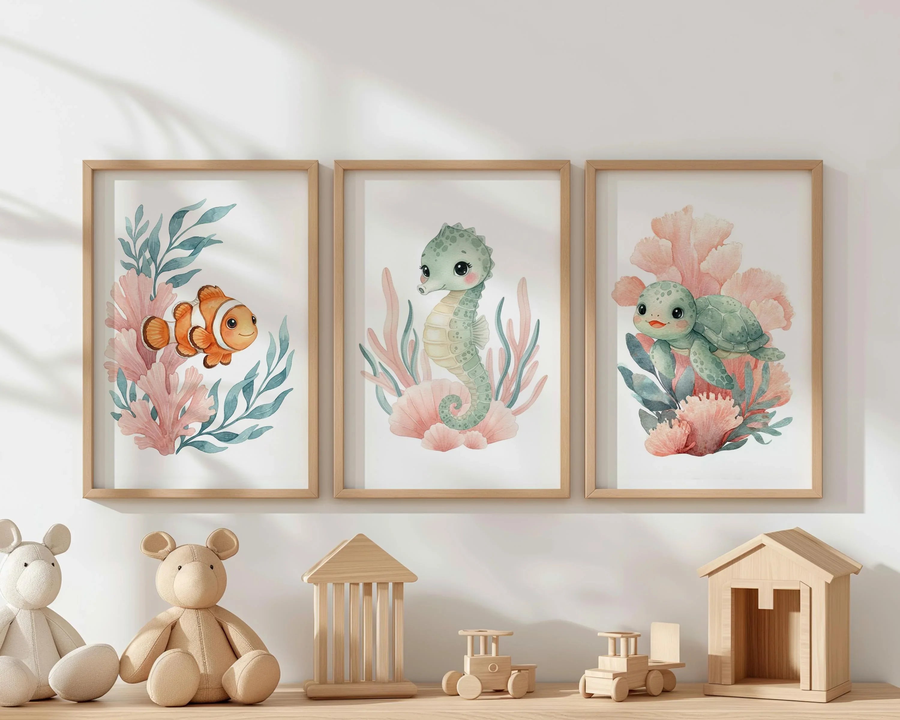 Ocean animals watercolor nursery wall art set of 3 with clownfish seahorse and turtle
