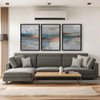 Ocean blue and copper abstract textured triptych wall art with coastal wave design