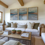Ocean blue and copper abstract textured triptych wall art with coastal wave design