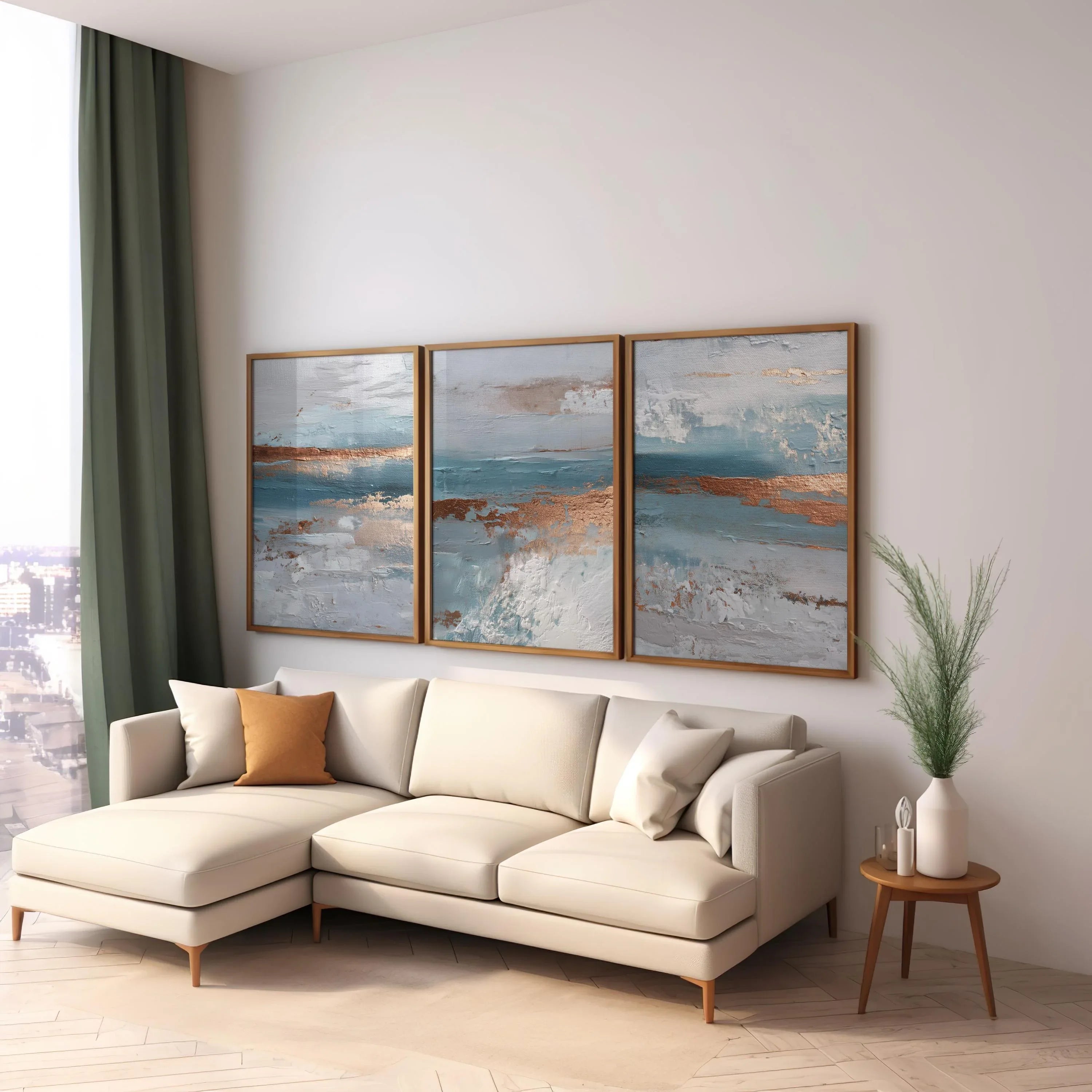 Ocean blue and copper abstract textured triptych wall art with coastal wave design