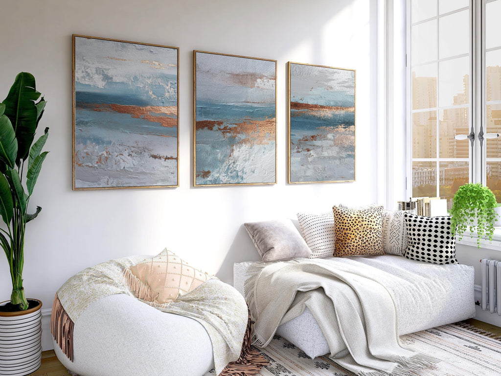 Ocean blue and copper abstract textured triptych wall art with coastal wave design