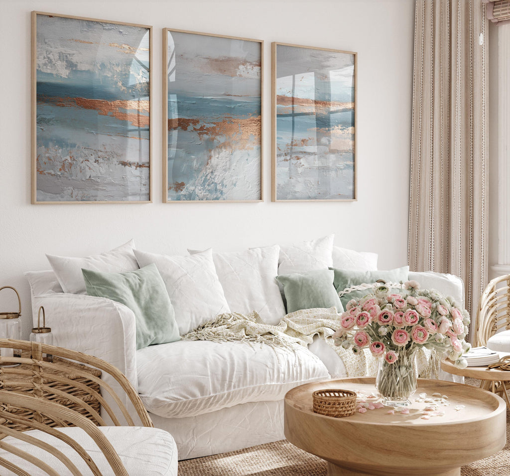Ocean blue and copper abstract textured triptych wall art with coastal wave design