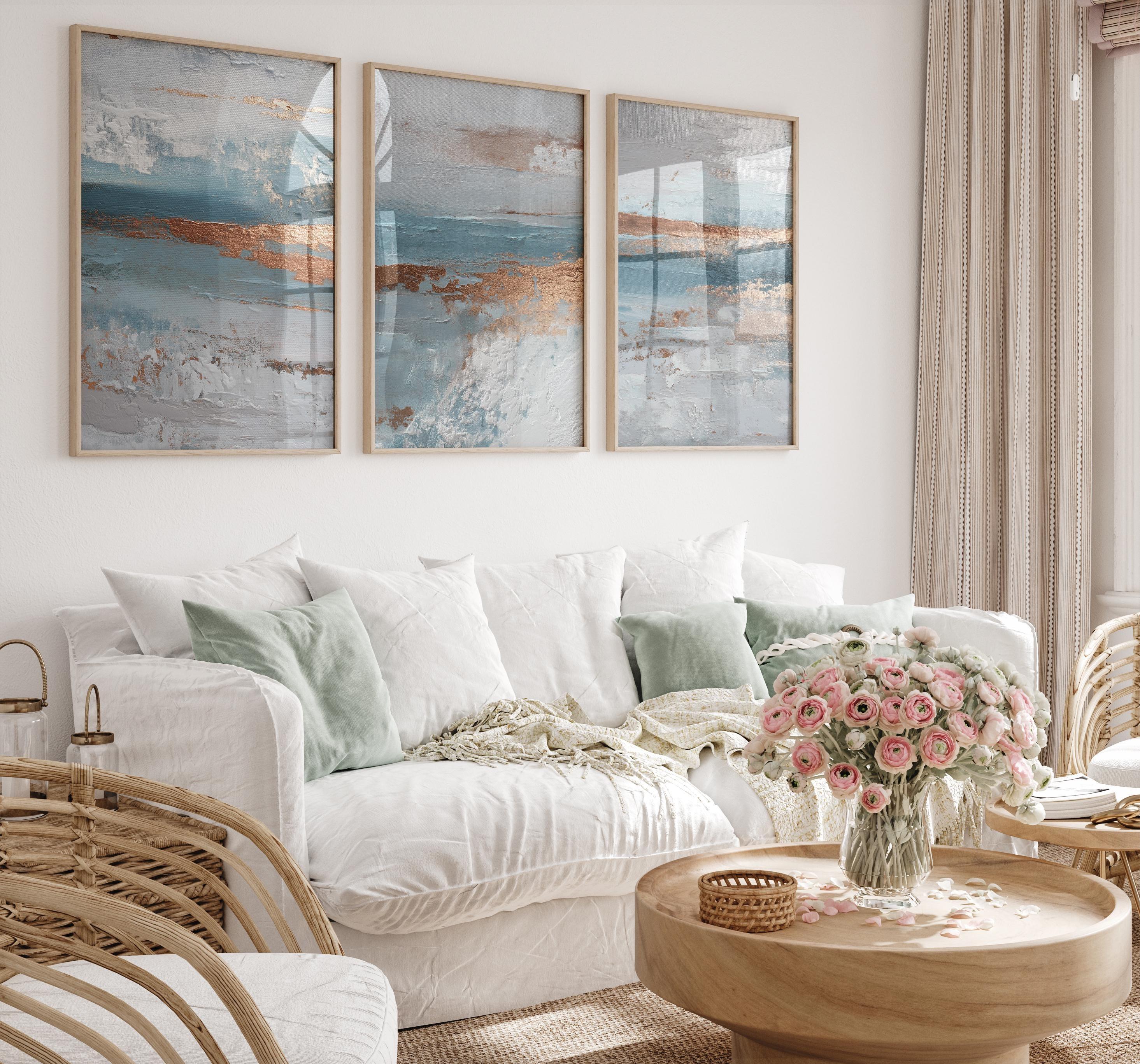 Ocean blue and copper abstract textured triptych wall art with coastal wave design