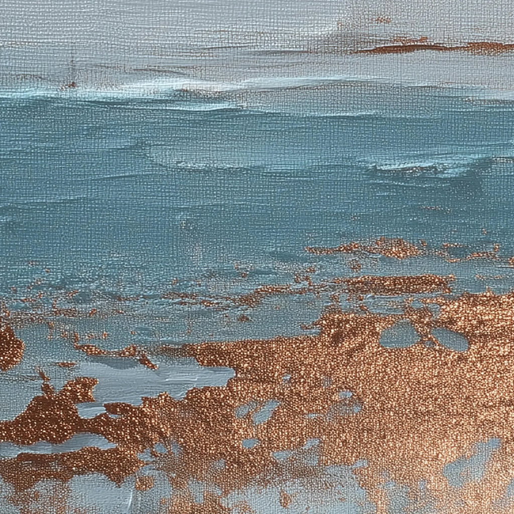 Ocean blue and copper abstract textured triptych wall art with coastal wave design
