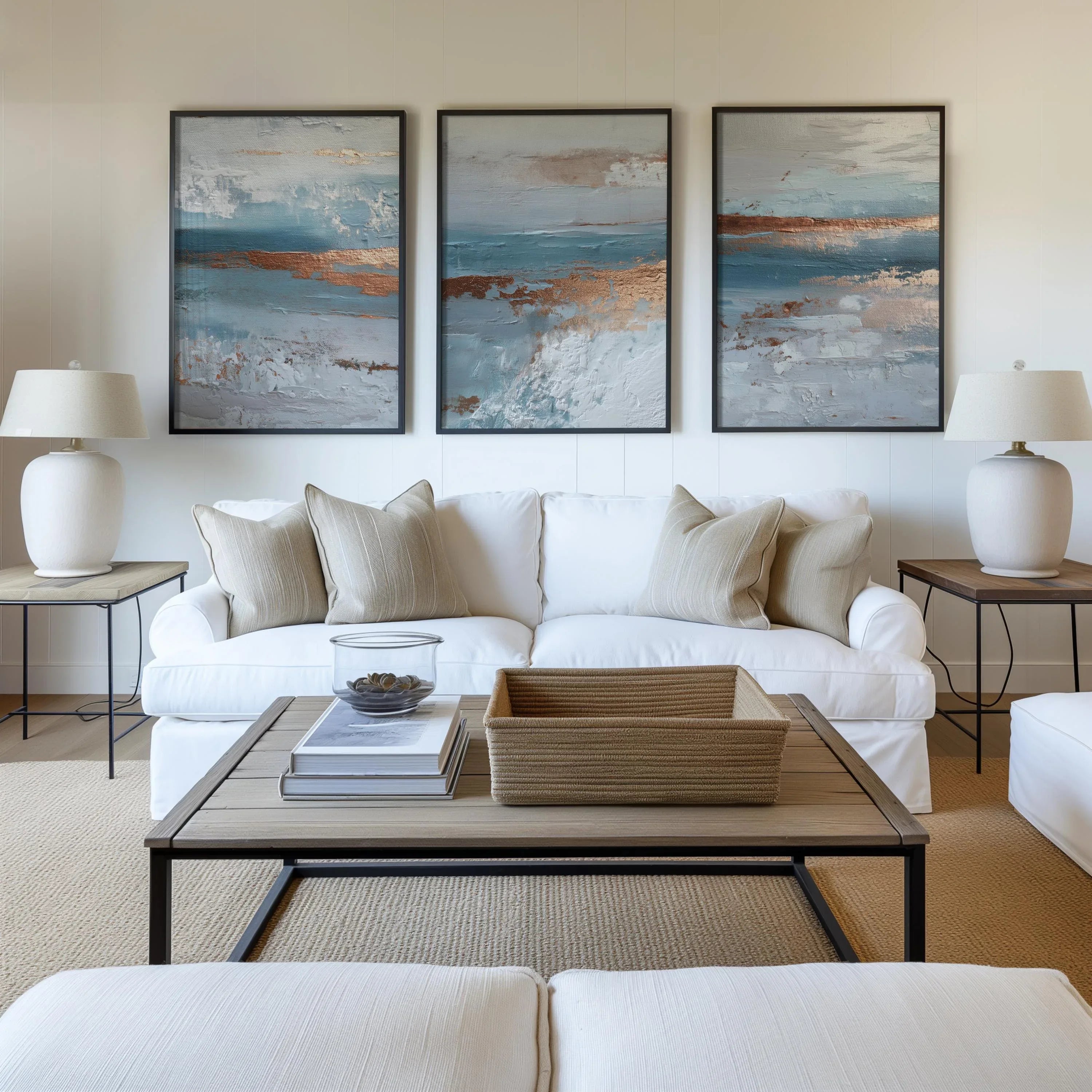 Ocean blue and copper abstract textured triptych wall art with coastal wave design