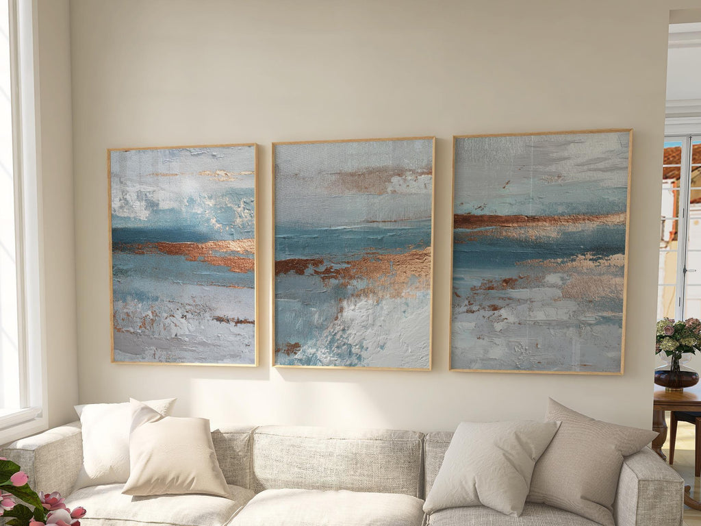 Ocean blue and copper abstract textured triptych wall art with coastal wave design