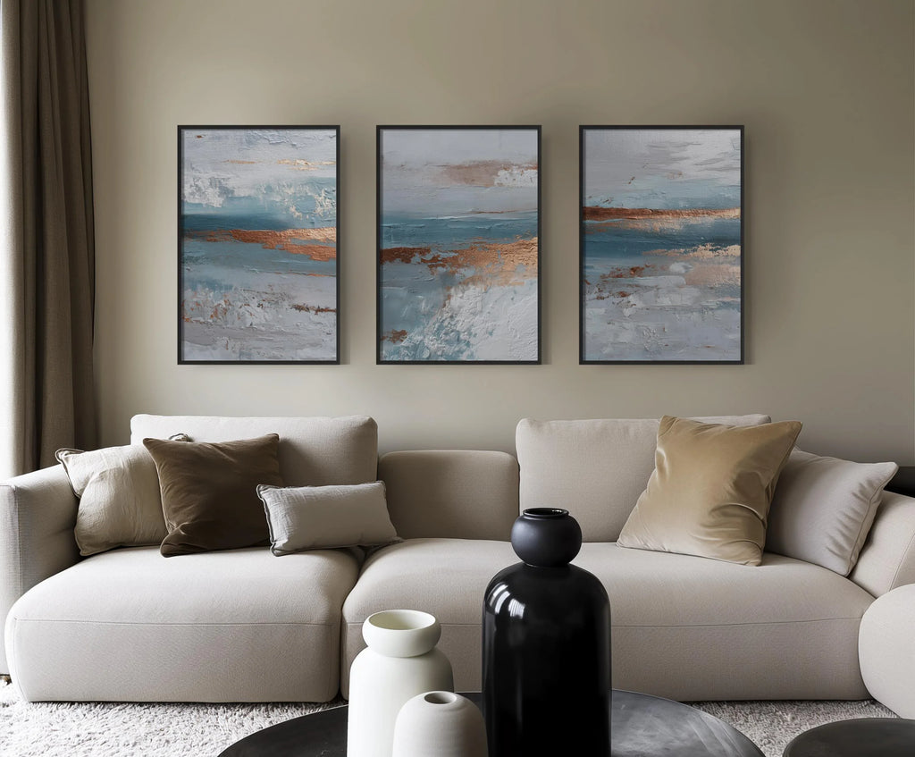 Ocean blue and copper abstract textured triptych wall art with coastal wave design